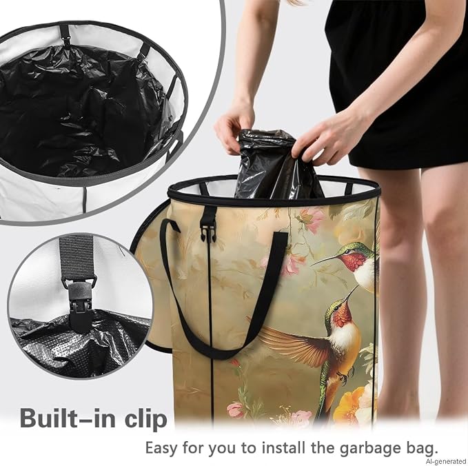 Hummingbird 24Gal Collapsible Trash Can Camo Waterproof Pop-Up Bin w/Lid for Camping & Backyard | Leakproof Yard Waste Bag