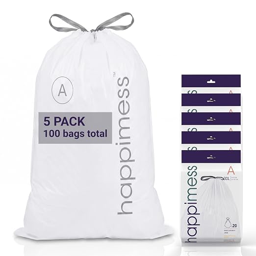 happimess 20-Count Unscented 8 Gal Drawstring Trash Bags, White, Pack of 5 | 30 Liters, Heavy Duty LDPE Plastic, Tear And Puncture Resistant, Tailored Custom Fit, Recyclable
