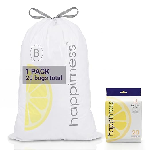 happimess 20-Count Lemon Scented 5.3 Gal Trash Bags, White | Kitchen Can Liners, Drawstring, Heavy Duty MDPE Plastic, Tear-Resistant, Recyclable, Custom Fit, Odor Control