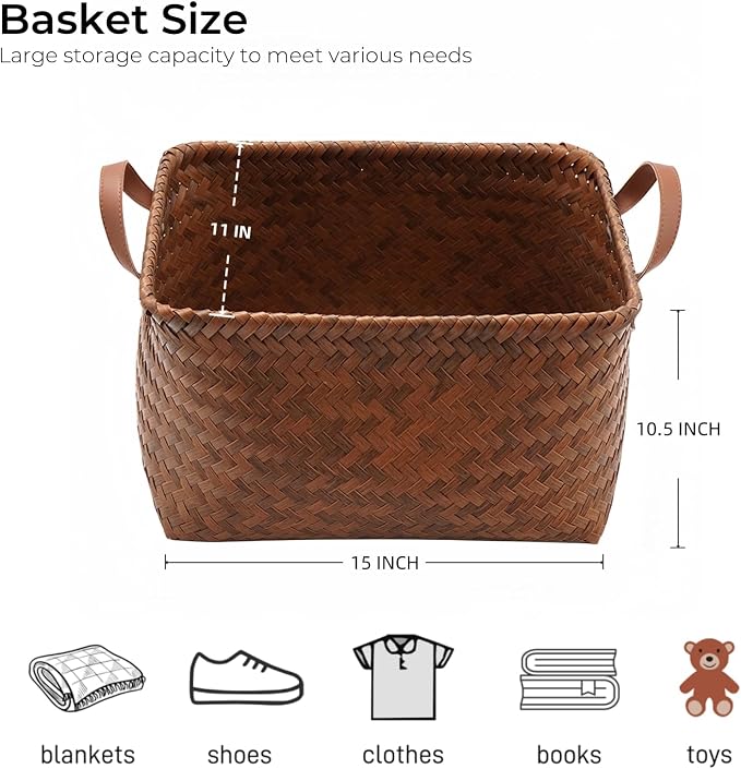GIB Wicker Woven Storage Baskets for Organizing Blankets Laundry Shelves | Clothes Hamper, Large Closet Storage Bins Organizer, for Living Room Toys Shoes Organization, Plastic Rattan, Brown, 4 Pack