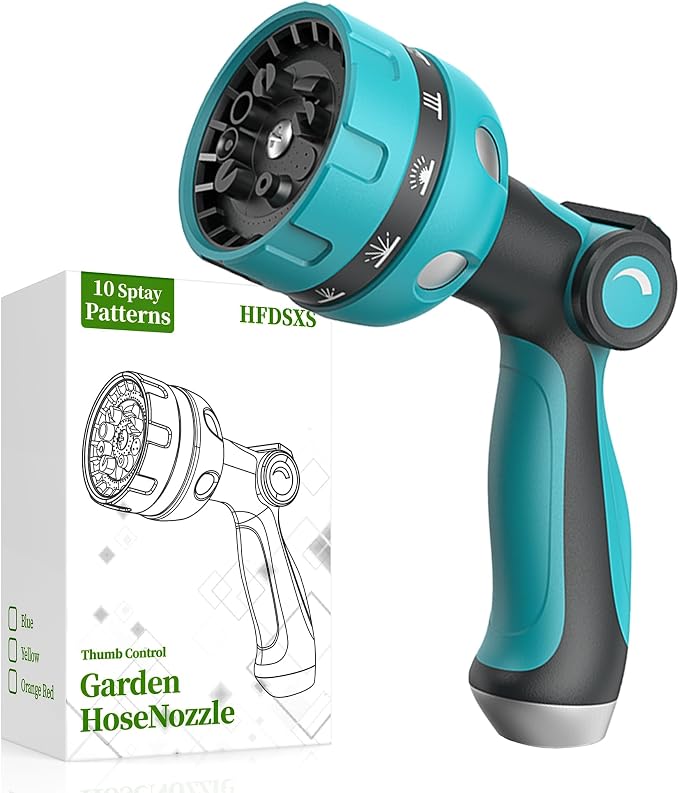 Garden Hose Nozzle Heavy Duty, Water Hose Sprayer Nozzle for Outdoor | THUMB CONTROL On Off Valve for Easy Water Control, 10 Spray Patterns - Water Hose Nozzle Head Attachment