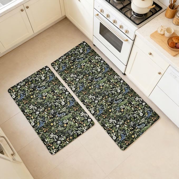 Feelyou Black Green Botanical Kitchen Rugs Sets 2PCS Blossom Flowers Kitchen Mats for Floor Natural Country Cushioned Anti Fatigue Waterproof Non-Slip Rugs for Office Laundry Room Decor Accessories