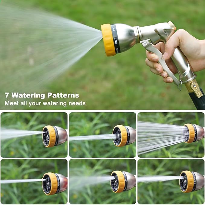 FANHAO Metal Garden Hose Nozzle Heavy Duty, 7 Adjustable Spray Patterns | Rustproof Zinc Alloy, Ergonomic Grip, Hands-Free Lock, Leak Proof High Pressure Water Nozzle for Lawn & Plant, Car & Pet