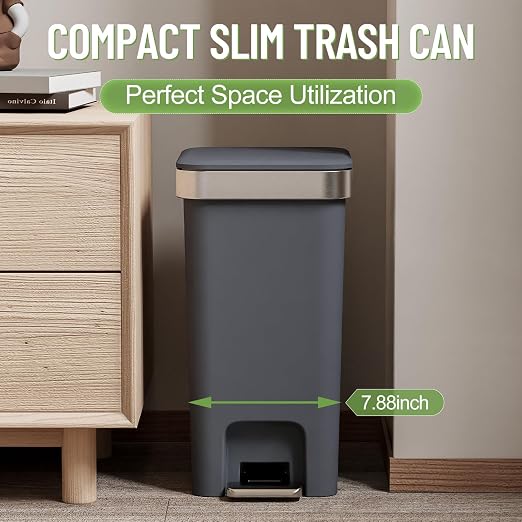 2 Pack Bathroom Trash Can with Lid 2.6 Gallon,Small Step Trash Can | Plastic Garbage Can with Press Top Bin & Foot Pedal Trash Bin, Mini Waste Basket for Bedroom,Home Offices,Dorm,RV(Black Gray)