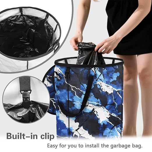 BIGCARJOB Blue Camo Large Trash Can with Lids, Camping Trash Can Collapsible Garbage Cans Water Resistant Garbage Bin Storage for Outside, 22.83x17.71 in
