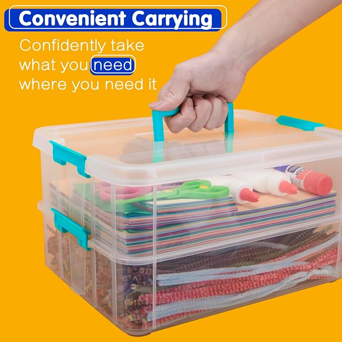 TERGOO 2 Layer Plastic Storage Containers with Lids, Multipurpose Clear Stack & Carry Box, Portable Craft Organizers and Storage Bin for Organizing Art & Craft, Sewing, Makeup, Nail Supplies (Blue)