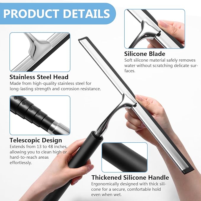 Squeegee for Shower Glass with Long Handle – Extends 13" to 48", Includes 2 Towel Sleeves, Replacement Silicone Blade & Hook, 14" Wide Blade for Glass, Mirrors, Windows & Tile Walls (Black)