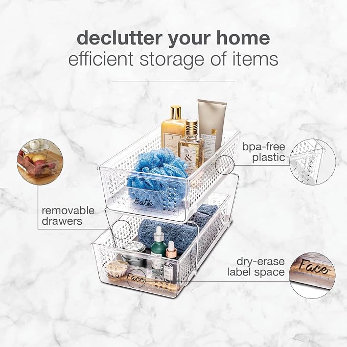 madesmart Premium Two Tier Organizer, Clear | pull out bins, adjustable dividers, tiered access, cleaning supplies, under sink use, pantry bottles, woman owned