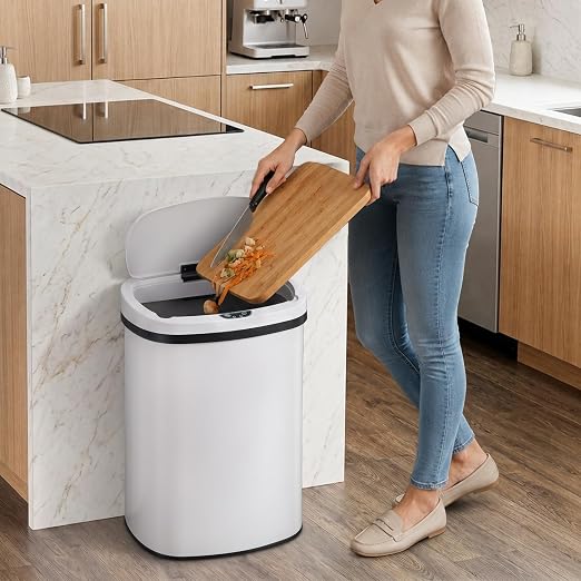 BLKMTY 13 Gal Trash Can with Lid, Motion Sensor Garbage Can, White | Stainless Steel Garbage Cans, 50 L Automatic Touchless Kitchen Trash Cans, High Capacity, for Home Office Bathroom