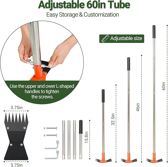 2-in-1 Garden Hoe and Weed Puller Rake 60 Inch Spring Steel Head | Adjustable Long Handle Weeding Tool Heavy Duty Sand Texture Finish, Weed Remover for Garden, Yard, Lawn, Driveway