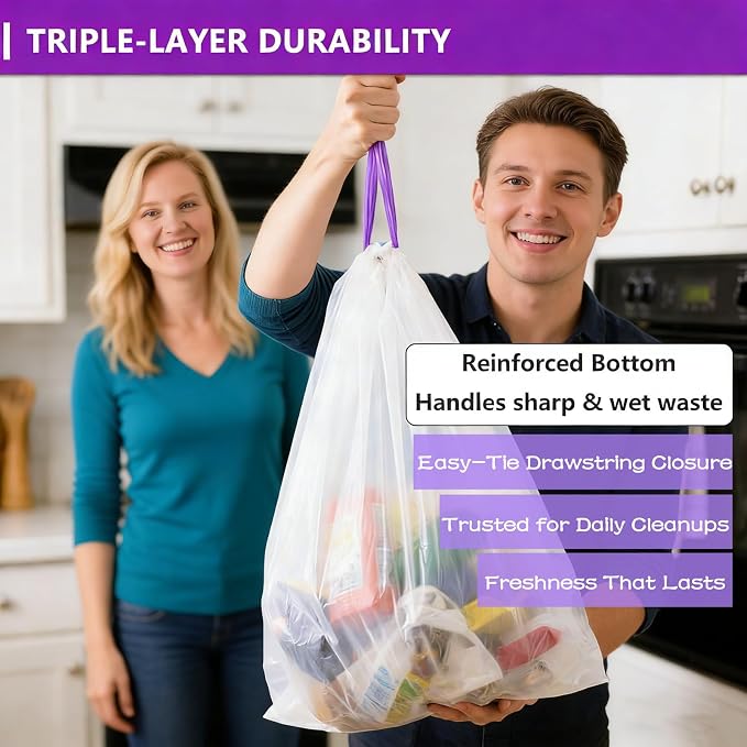 8 Gallon Trash Bags Drawstring, 120 Count Lavender Scented Leak Proof Medium Garbage Bags, 8 Gal Bin Bags Odor Control & Tear Resistant Can Liners for Kitchen Bathroom Bedroom Office