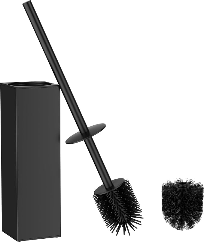 FORIOUS Stainless Steel Toilet Bowl Brush Scrubber and Holder Set Tall | Black, Extended Handle, Removable Inner Bowl, Stable Splash Guard, Steel Joint, Scratch‑Resistant Bristles, for Bathroom RV