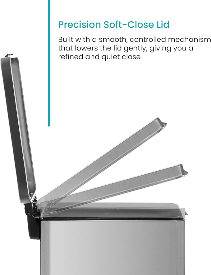 Home Zone Living 4 Gallon Stainless Steel Slim Kitchen Trash Can | Stainless Steel with Soft-Close Step Pedal Lid, Bag Tuck Band for Easier Bag Changes, Rectangular Shape, Silver