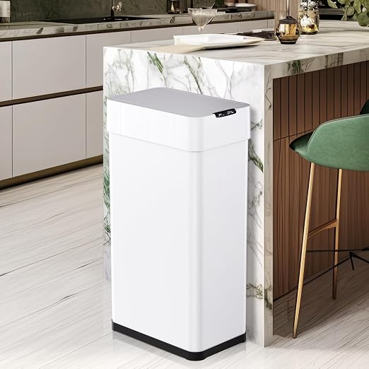 Arlopu 18.5 Gal Automatic Trash Can, 70L Motion Sensor Garbage Bin | Touchless Brushed Stainless Steel Wastebasket, W/Butterfly, Soft-Close Lid, for Living, Dinning Room, Kitchen (White)