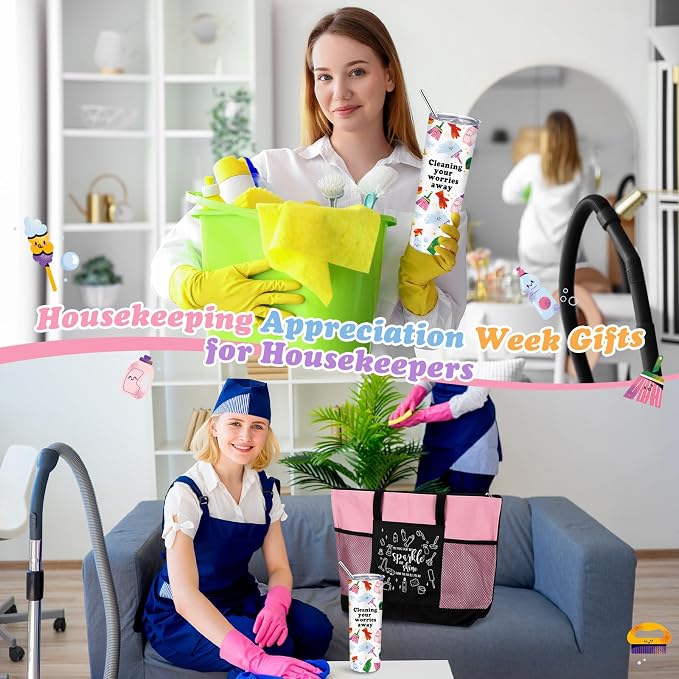 Sieral Housekeeping EVS Week Appreciation Gift, Housekeeper, Pink | Insulated Tumbler 20oz & Large Tote Bag Set for Women Custodian School Healthcare Cleaning Crew House Cleaner Maid Janitor