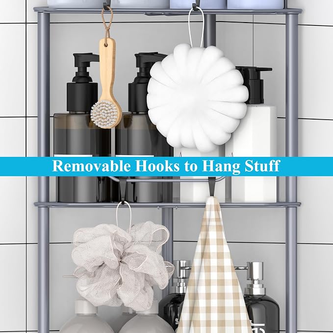 HuggieGems Metal Floor Standing Corner Shower Caddy, Dark Gray, 4 Tier | Adhesive Bathroom Organizer Shelves, Free Standing Shower Rack with Hooks, Hold Large Shampoo Bottles