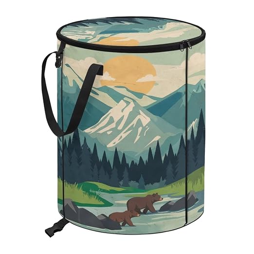 Landscape Bear Outdoor Trash Cans for Patio Collapsible Garbage Can 23 Gallon for Camping Water Resistant Storage Bin for Clothes Bedroom Trash Can Decorative