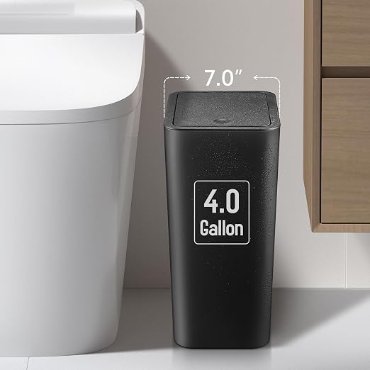 TIPGO Bathroom Trash Can with Lid, 4 Gallon / 15 Liter Small Garbage Can, Press Top Bin, Plastic Wastebasket with Pop-Up Lid for Bedroom, Living Room, Office (Black)