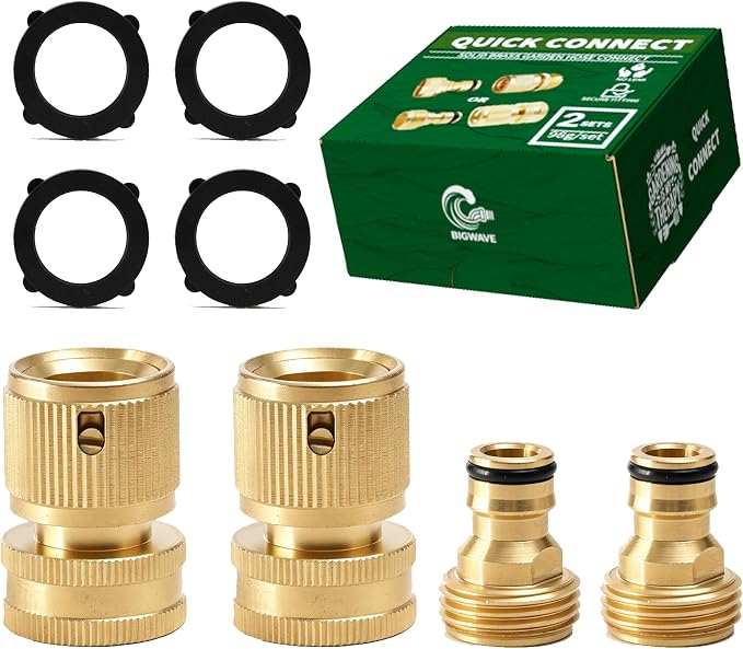 BIGWAVE Garden Hose Quick Connect, Solid Brass Quick Connector for 3/4 inch GHT Garden Hose Fitting Water Hose Connectors (2SETS)