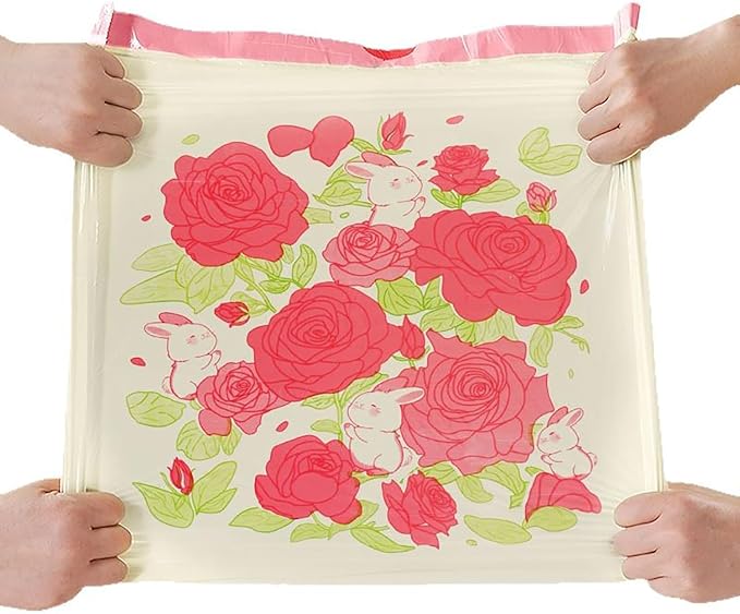 60pcs 4 Gallon Trash Bags Drawstring Tear-Free Separated for Bathroom Office Home Bedroom Trash Can with Red Rose Printed Garbage Basket Bags (Rose Printed, 60 Counts)