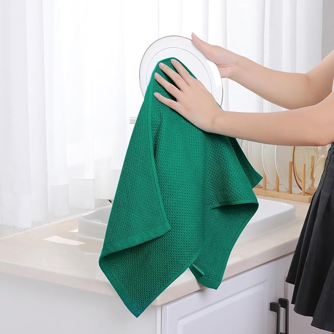 Homaxy 100% Cotton Waffle Weave Kitchen Dish Towels 4-Pack, Dark Green | 13 x 28 Inches, Ultra Soft Absorbent Dish Towels, Quick Drying Cleaning Towels