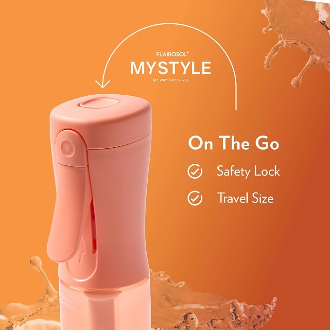 FLAIROSOL MyStyle Travel Continuous Spray Bottle, 3.04oz/90ml, Peach | Portion control mist for air fryer, salad, BBQ, refillable & reusable, fine mist olive oil kitchen sprayer, anti-drip