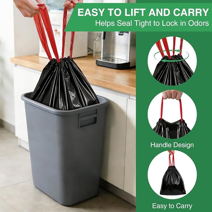 8 Gallon Trash Bag Black Drawstring, 80 Count Heavy Duty Pre-separated Garbage Bags, Thick Trash Bin Liners for Bathroom, Kitchen, Bedroom, Office