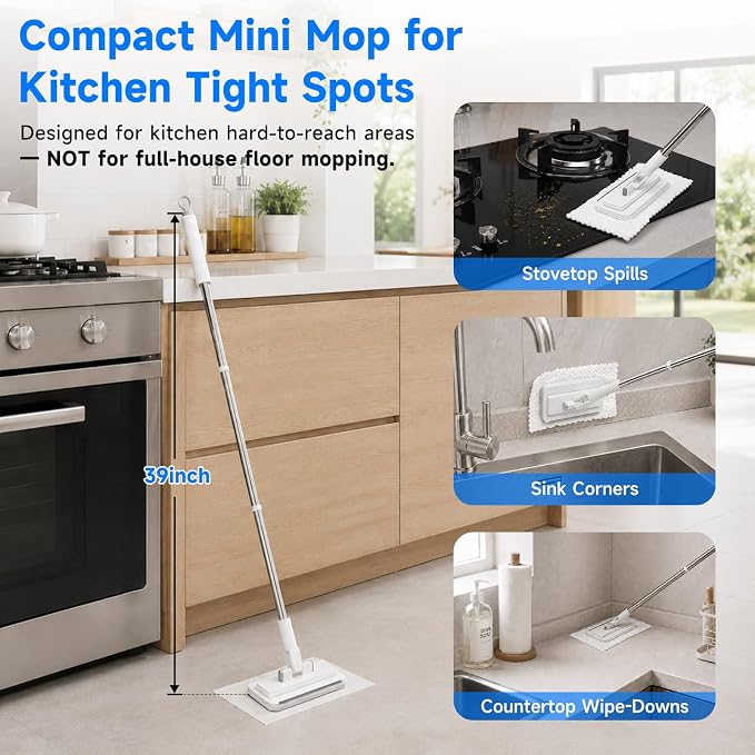 Multi-Purpose Mini Dust Mop, 39" Lightweight Small Kitchen Cleaning Tool | One-Click Grip, Great for Cabinet, Countertops & Walls, No-Touch, Use Paper Towels, Wipes & Rags, Traps & Locks Dust, Dirt