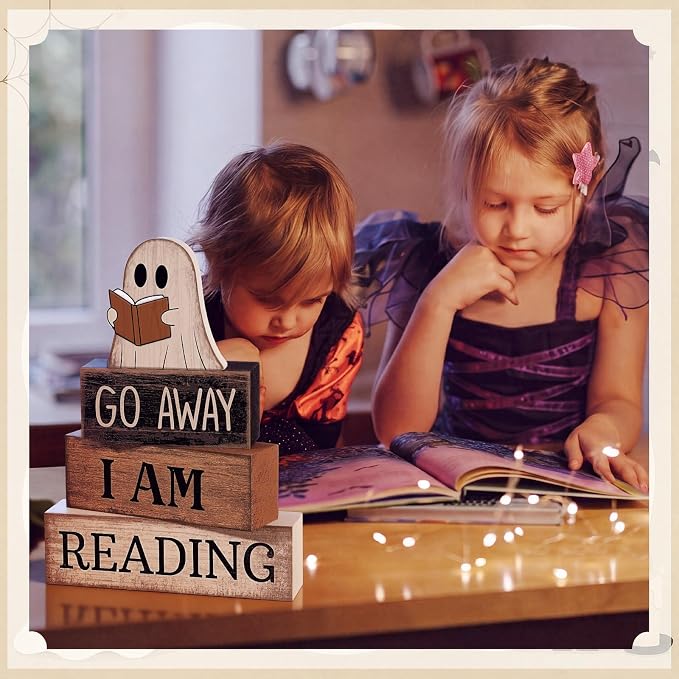 Moucuny 4 Pcs Halloween Table Decor Wooden Ghost Reading Stacked Block Sign | Rustic Farmhouse Centerpiece, Stacked Wood Signs With Ghost Reading Book, Tiered Trays And Shelves For Home Office Library
