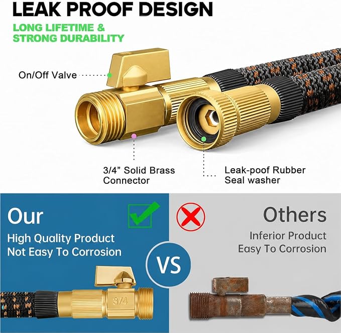 50ft Expandable Garden Hose Flexibility,Lightweight,Flexible, No-Kink | Retractable Water Hose with 10-Function Spray Nozzle,3/4" Solid Brass Fittings,3750D Fabric,Latex Core,durable Leak-Proof