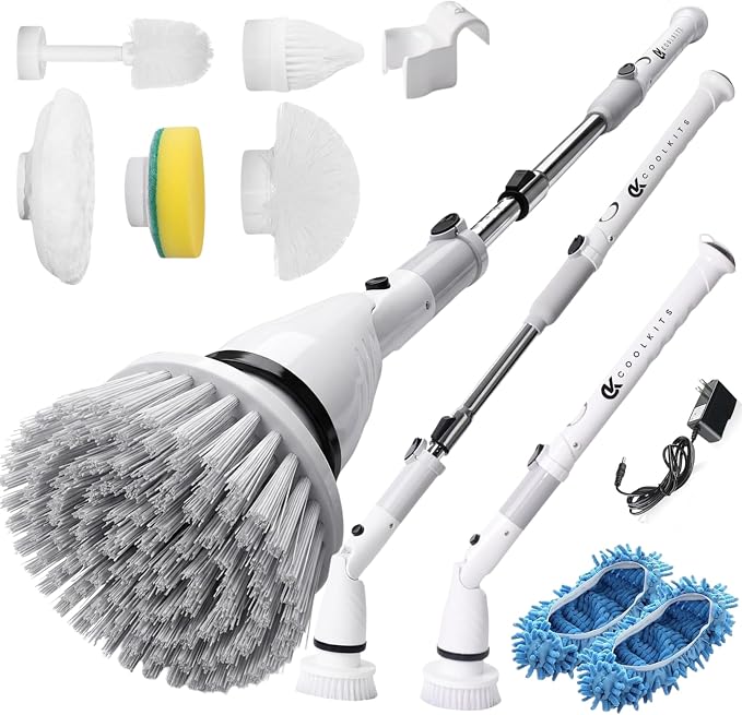 Electric Spin Scrubber, Full-Body IPX7 Waterproof Cordless Bathroom Scrubber, Adjustable Extension Handle, Shower Cleaner Brush for Bathtub Tile Grout Floor Wall, 4000mAh, 6 Brush Heads.