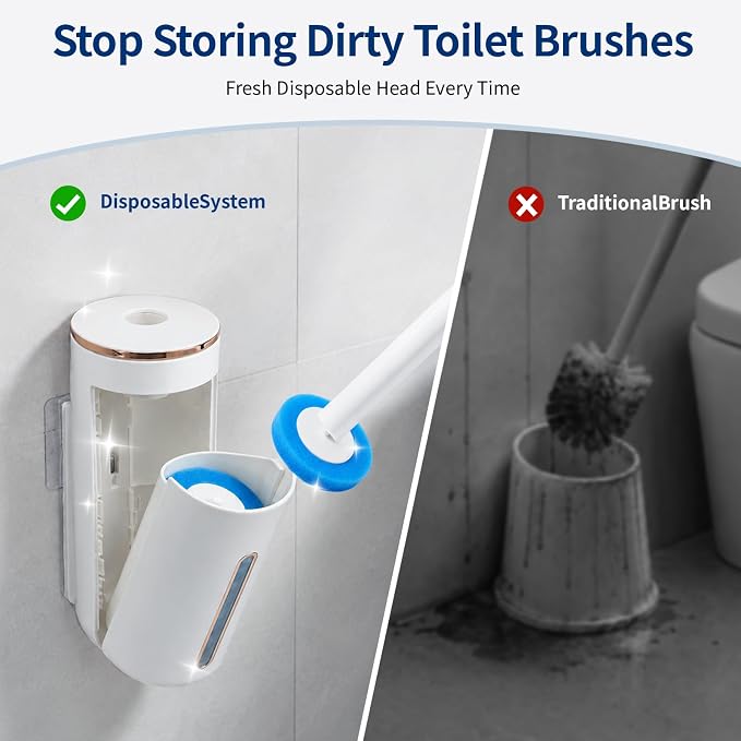Disposable Toilet Brush with 64 Disposable Heads (Toilet Brush + 64Refills) | Opaque Flip-Top Toilet Brush and Holder Set, Toilet Bowl Cleaner Wand for Bathroom Cleaning