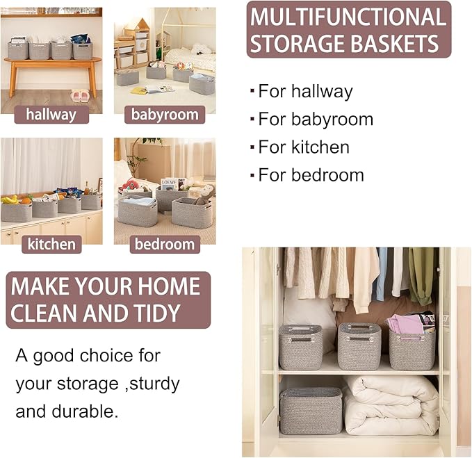 OIAHOMY 4 Pack Storage Baskets for Organizing 24L Cube Storage Bins Grey | Woven Baskets for Storage Rectangle Small Baskets With Handles Baskets for Shelves Wicker Baskets for Shelves 16x12x8inch