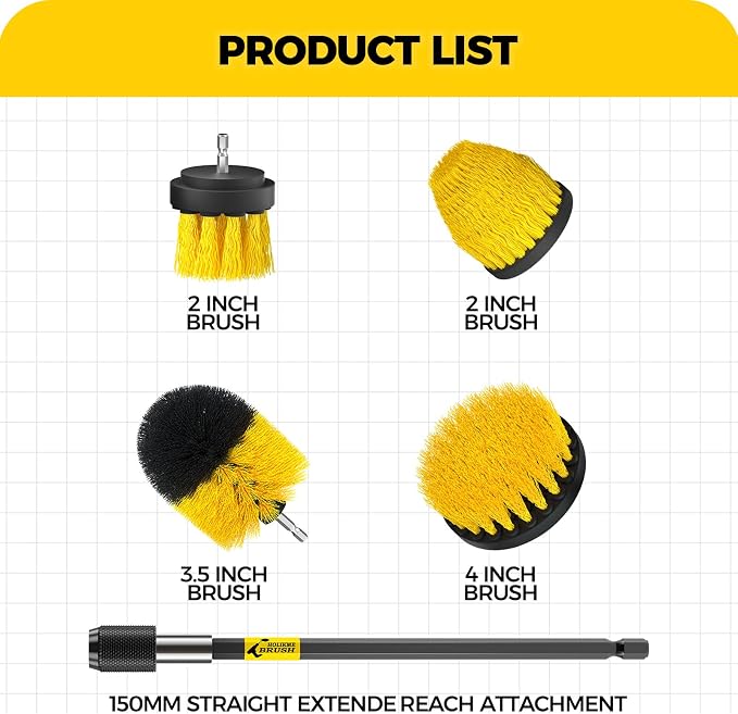 Holikme 5Pack Drill Brush Set with Extension for Car & Bath Detailing | 4 nylon scrub brushes,yellow,Power scrubber kit for Bathroom Surfaces, Grout, Floors, bathtubs, Tiles, Kitchen and Car