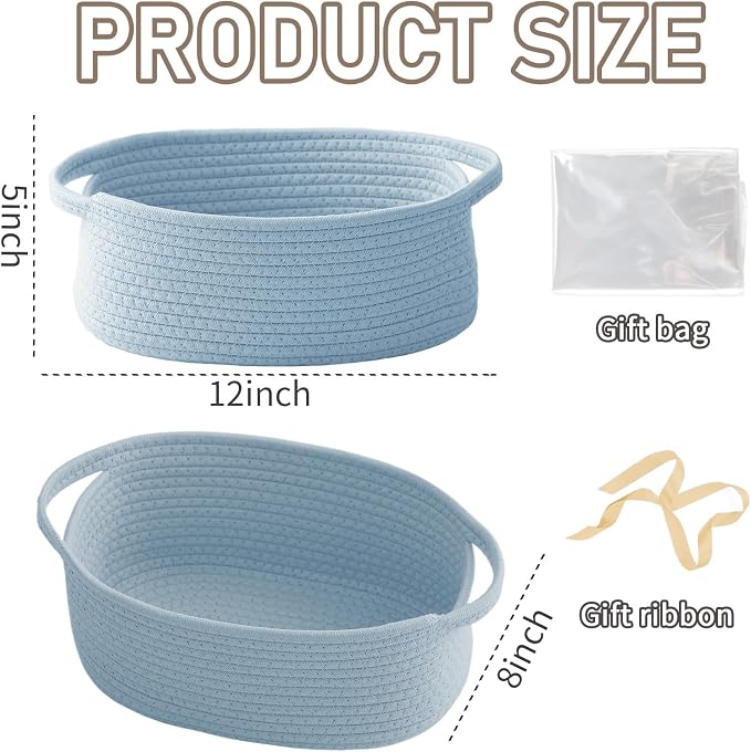 JMvicyroam Small Woven Basket, Empty Gift Basket, Blue/1 Pack | Small Gift Basket, Cotton Rope, 12 x 8 x 30 in, Handles, Includes Ribbon and Bag, Birthday Gift Basket