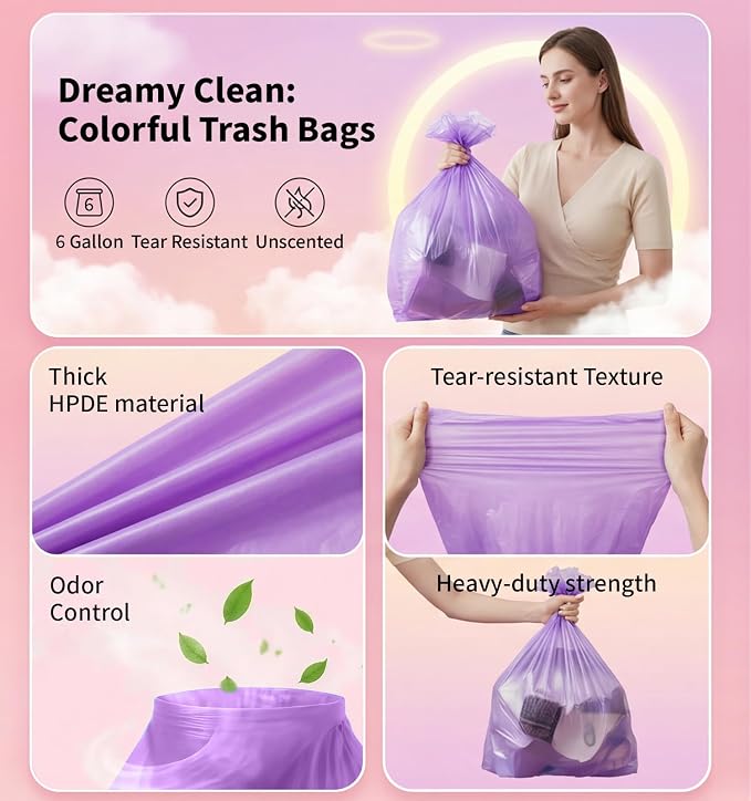 Medium 6 Gallon Trash Bags Unscented, 0.94 Mil, Purple, 150 Count | 22 Liter Garbage Bag, Plastic Waste Basket Can Liners, Thick, Leakproof, Tear Resistant, for Bathroom Office Kitchen Bulk