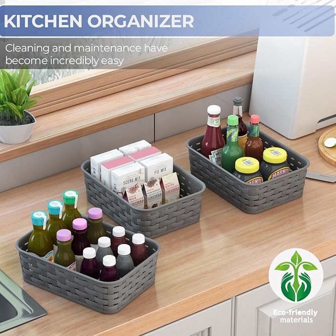 3 Pack Small Plastic Basket, Storage Bin Baskets for Organizing, Pantry Organizer Household Wicker Storage for Laundry Room, Bedrooms, Kitchens, Cabinets, Countertops, Dark Gray | Pantry Organizer, Household, Wicker Storage, for Laundry Room, Bedrooms,...