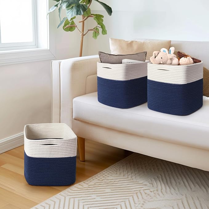 11x11 Cube Storage Bin - 3 Pack Woven Storage Cubes Organizer, 11 Inch Cotton Rope Baskets for Organizing, Decorative Square Shelf Baskets Closet Bins, Toy Boxes for Boy, Dark Blue Decor