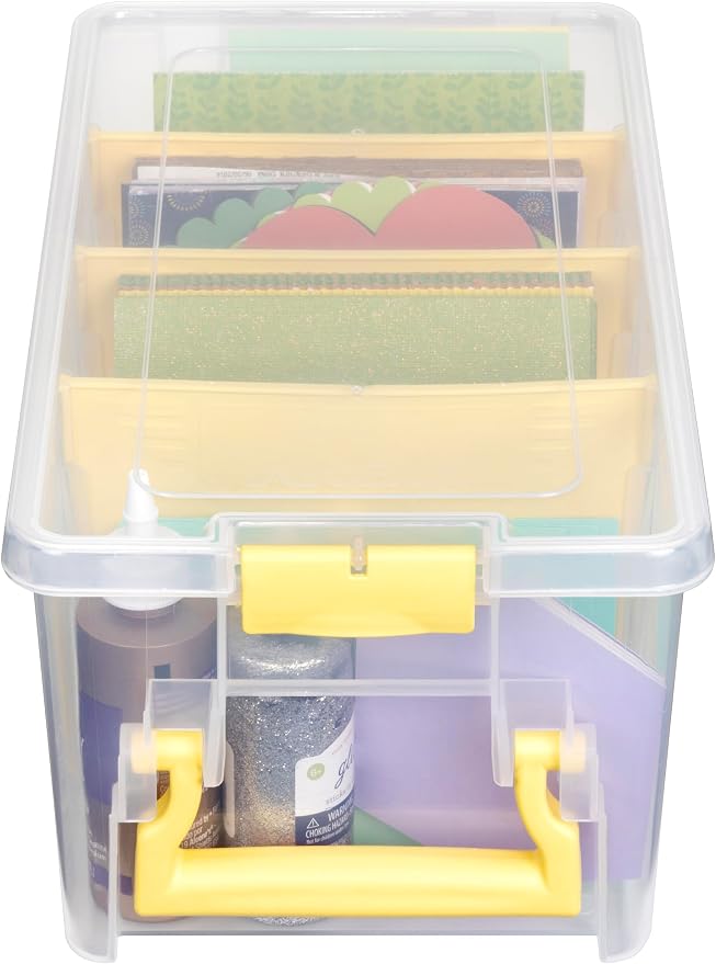 ArtBin Semi Satchel Craft Organizer with 3 Dividers, Yellow Accents | 3 Removable Dividers, 15.2 x 8 x 6.2 Inches, Secure Latches, Carry Handle, Clear Durable Polypropylene
