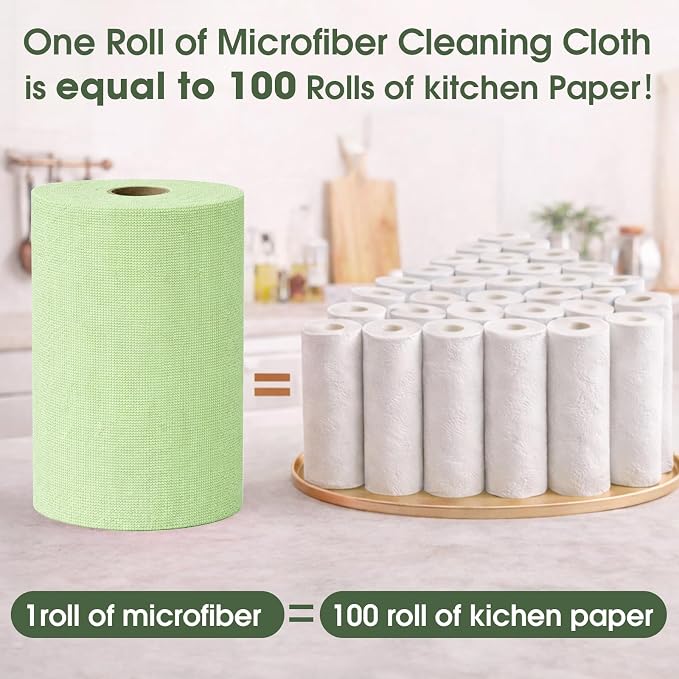 Reusable Microfiber Cloth Roll - 100 Pack, 12"x12" Washable Tear-Away Towels. Fits Paper Towel Holders. Lint-Free & Streak-Free Rags for Kitchen, Glass, Cars, Electronics (Pea Green)