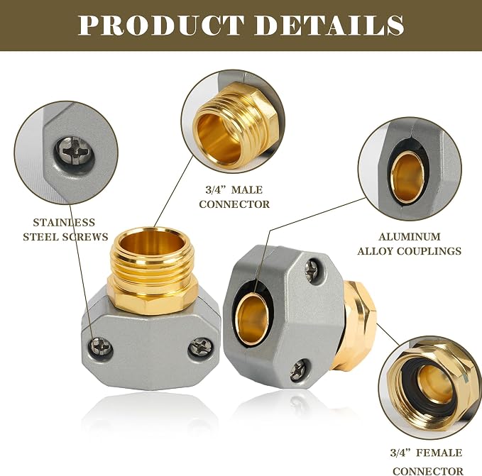 LIULO TOOL Garden Hose Repair Kit, 5 Sets Aluminum Alloy Garden Hose End Mender Kit with Zinc Clamp, Male and Female Repair Connector Fittings Fit 3/4 Inch and 5/8 Inch