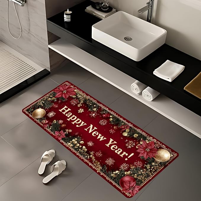 ANNA QUEEN Happy New Year Laundry Room Rug Runner 20x47 Inch -Waterproof Non-Slip Red Poinsettia Floor Mat for Front Load Washer Dryer,Washable Kitchen Decor, Machine Washable
