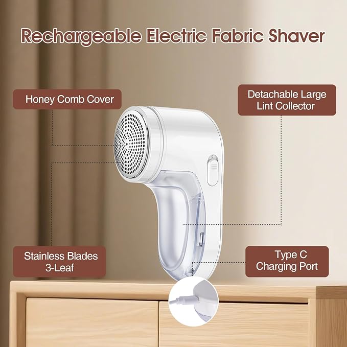 Electric Fabric Shaver, Lint Remover for Clothes, Rechargeable Sweater Shaver to Remove Fuzz and Pill for Sweater, Delicates, Bedding and Couch (White)