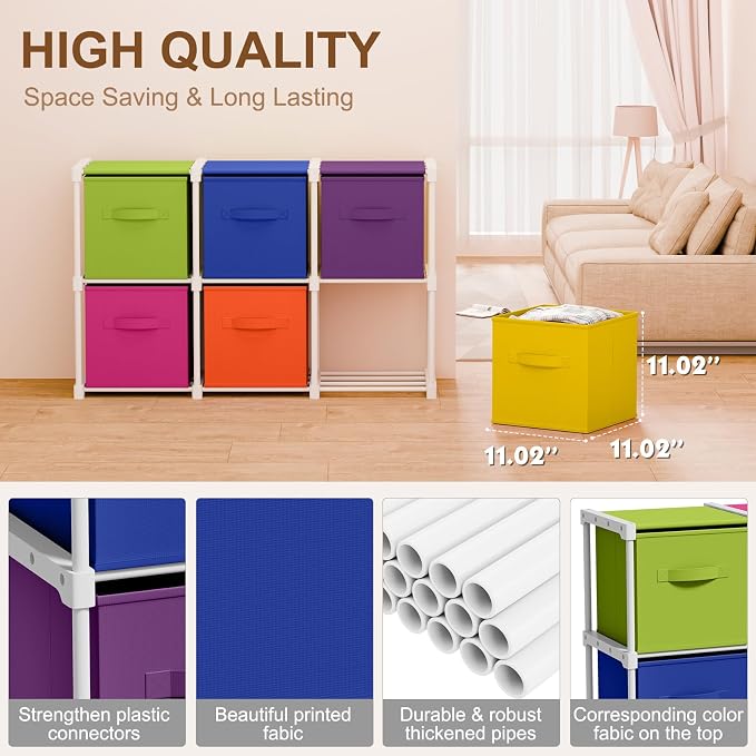 Briwooody 6 Cube Storage Organizer Bins with Shelf, Multicolor | 11x11'', Storage Organizer, Toy Storage Box, Back to School, Dorm Organizer, Fabric Drawers, Playroom Bedroom Storage Cabinet