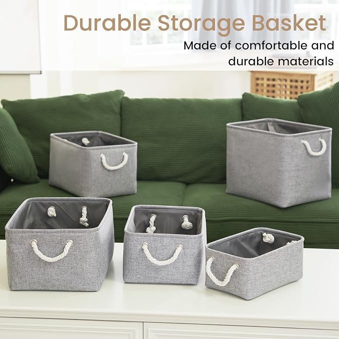 15x11x10 In Foldable Fabric Large Storage Bins with Handle 6 Pack | Organizer Baskets, Sturdy Metal Strand, Cardboard Support Molding, Storage Baskets for Shelves, Closet, Bedroom, Gray