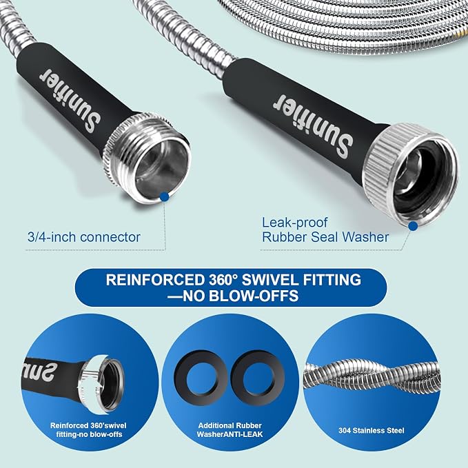 Metal Garden Hose 30 Ft Flexible Stainless Steel Water Hose 25 Ft 50 Ft With Hose Nozzle, Heavy Duty No Kink Hose (30FT)