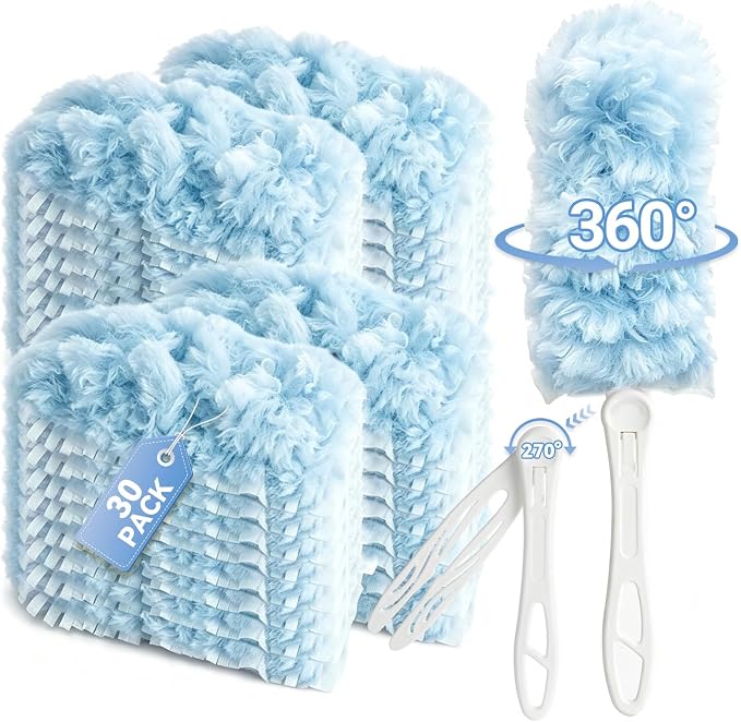 30 Count Blue Duster Kit for Swiffer Heavy Duty Duster Refills with Handle | 2 Sided 360° Heavy Duty Duster, 5X Microfibers, Unscented Disposable Dusters for Cleaning Home, Office, Multi Surface