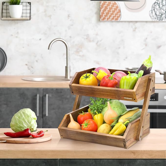 G.a HOMEFAVOR 2-Tier Acacia Wood Fruit Basket for Kitchen, Self-assembly | Large Fruit Bowl for Kitchen Countertop, Fruit Stand Storage Holder for Vegetables and Snack Home Organizer