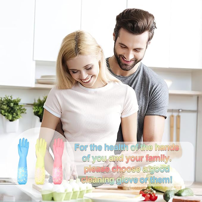 KAQ Dishwashing Cleaning Gloves 3 Pairs-Reusable Rubber Gloves Non-Slip Laundry Kitchen Gardening Household Gloves(Long Cuff)