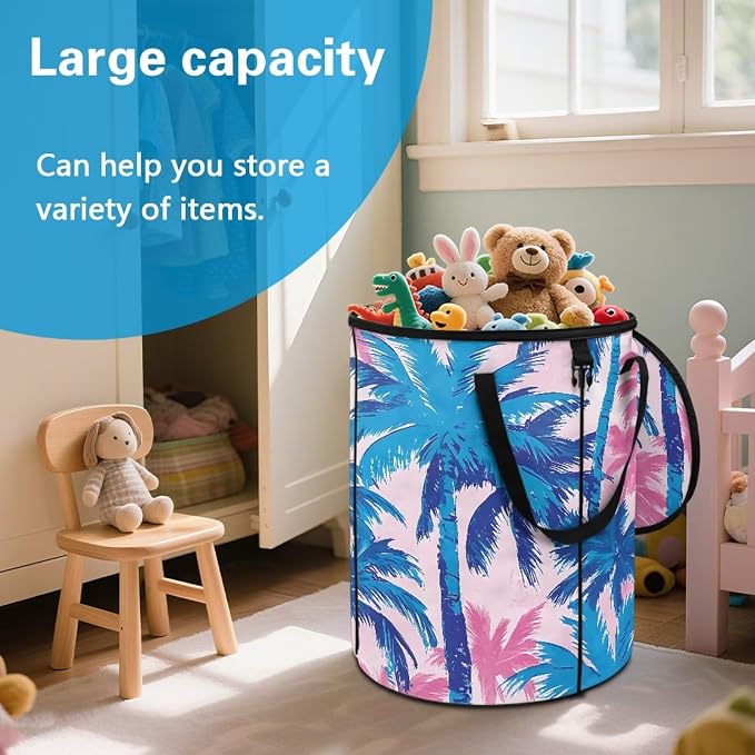 Blue Tropical Palm Trees Collapsible Camping Trash Can with Lid and Handles 24 Gallon Garbage Can Reusable Outdoor Trash Garden Leaf Bin Recycling Waster Bags